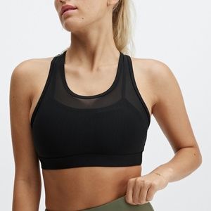 Fabletics Faye High Impact Sports Bra size M/L Solid Black Mesh Strappy Padded
